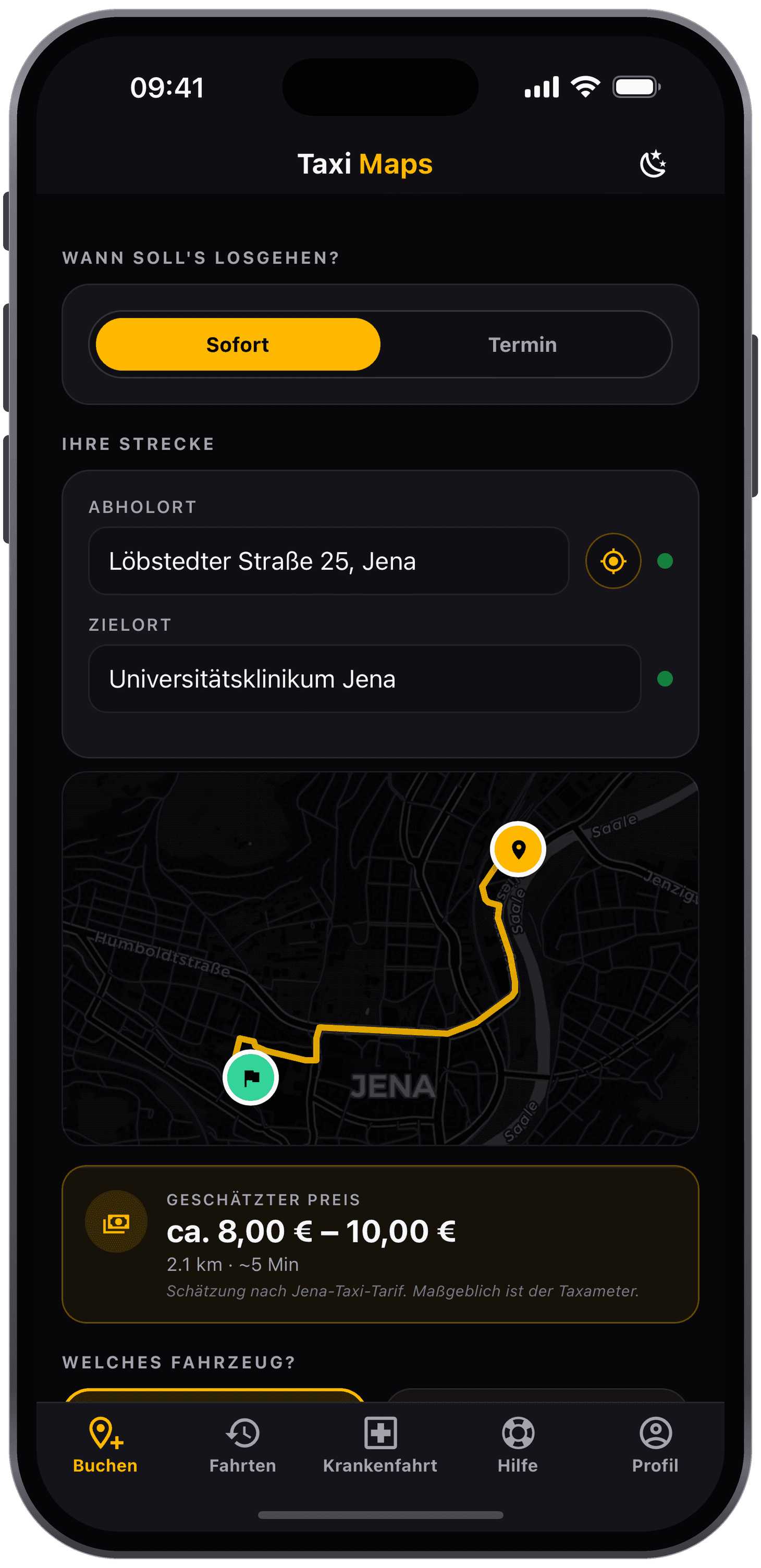 TAXI CHEMNITZ App — Strecke mit Live-Karte und Fahrpreis-Schätzung